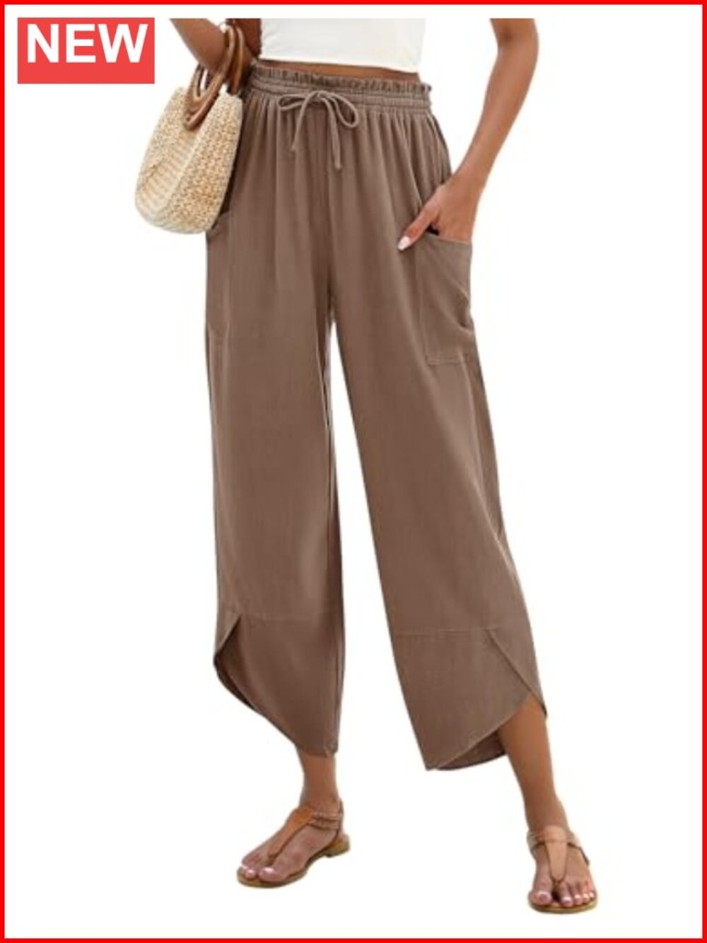 Women's Linen Rayon Wide Leg Capri Palazzo Pants Boho Drawstring
